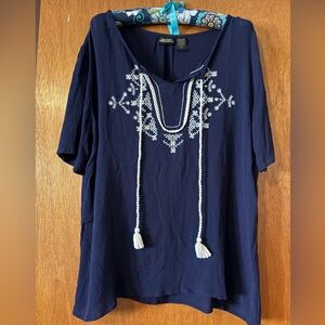 Navy Blue Blouse with White Embroidery